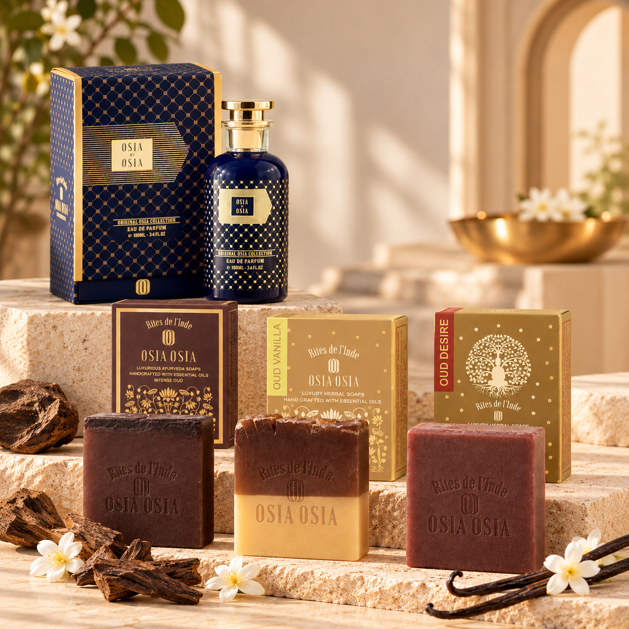 The Oud Ritual gift set: Osia by Osia Eau de Parfum 100 ml with Intense Oud, Oud Vanilla and Oud Desire soaps